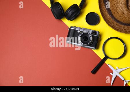 Flat lay composition with travel blogger`s items on color background Stock Photo